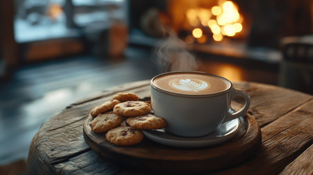 A warm cup of coffee with freshly baked cookies on a rustic wooden table, perfect for a cozy afternoon breakの素材
