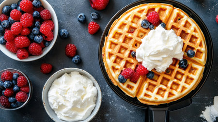 A waffle maker mid-cooking with golden waffles inside, next to bowls of berries and whipped cream.の素材