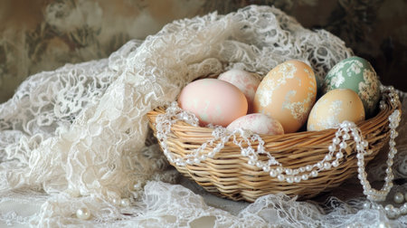 A wicker basket holding pastel Easter eggs, accented by delicate lace and pearlsの素材