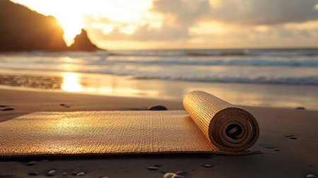A yoga mat on a sandy beach with ocean waves in the background at golden hourの素材