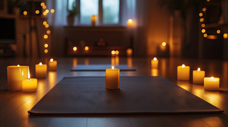 A yoga mat spread under soft lighting, surrounded by candles for a relaxing atmosphereの素材