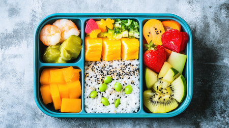 A vibrant Japanese bento box filled with rice, tamagoyaki, pickled vegetables, and a side of fruit.の素材