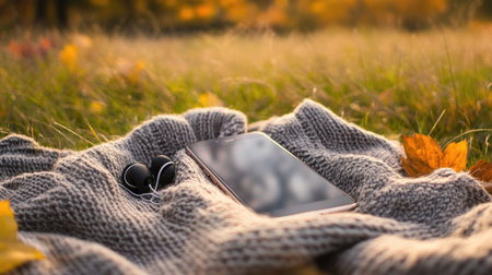 A smartphone and earphones placed on a soft blanket, with a peaceful outdoor setting in the backgroundの素材