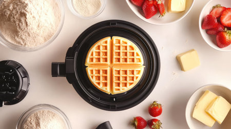 A modern waffle maker with its lid open, surrounded by bowls of pancake mix, butter, and fresh strawberries.の素材