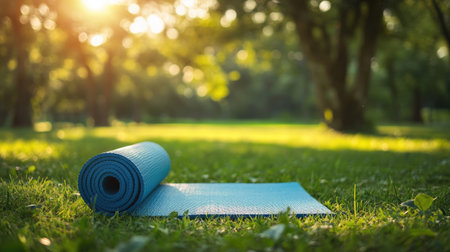 A yoga mat on a grassy field, ready for an outdoor workout under the sunの素材