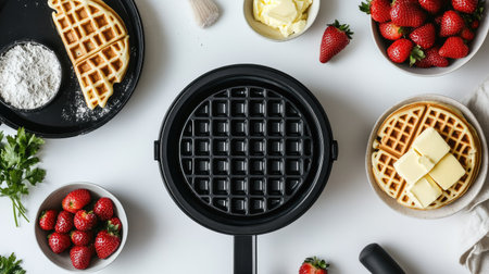 A modern waffle maker with its lid open, surrounded by bowls of pancake mix, butter, and fresh strawberries.の素材