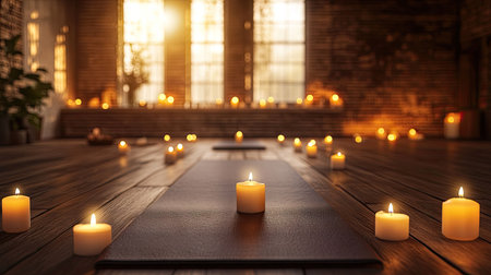 A yoga mat spread under soft lighting, surrounded by candles for a relaxing atmosphereの素材