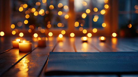 A yoga mat spread under soft lighting, surrounded by candles for a relaxing atmosphereの素材
