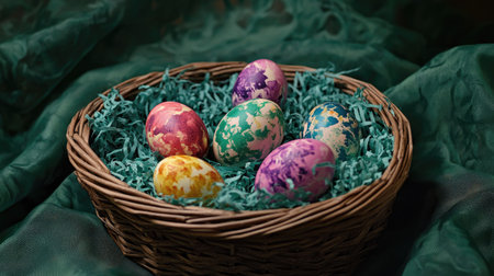 A wicker basket with brightly dyed Easter eggs nestled in green shredded paperの素材