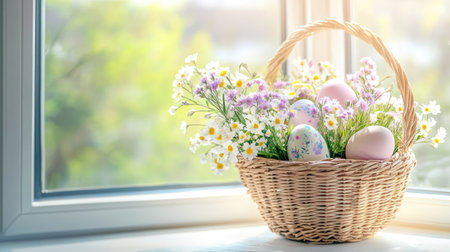 A wicker basket holding pastel Easter eggs and tiny flower bouquets on a sunny windowsillの素材