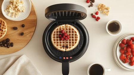 A waffle maker open with a freshly cooked waffle, next to a cup of coffee and a plate of toppings.の素材