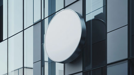A sleek round signboard mockup with a white background mounted on a modern glass buildingの素材