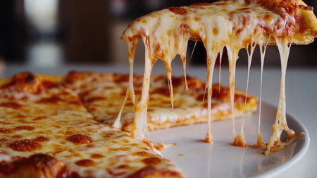 A single slice of cheese pizza lifted from the pie, showing gooey cheese strings on a white backgroundの素材