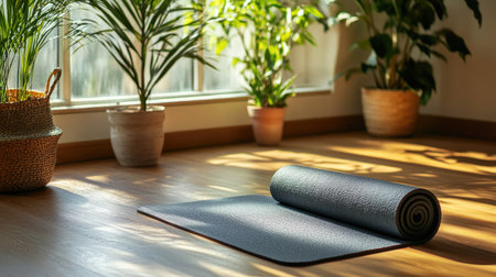 A yoga mat placed in a sunny corner of a home, ready for an at-home fitness sessionの素材