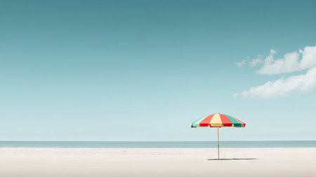 A vibrant striped beach umbrella on the sand, with a crisp blue sky above and minimal clouds.の素材