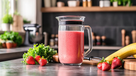 A freshly blended strawberry-banana smoothie in a blender jar, with fresh produce and utensils in a stylish kitchen.の素材