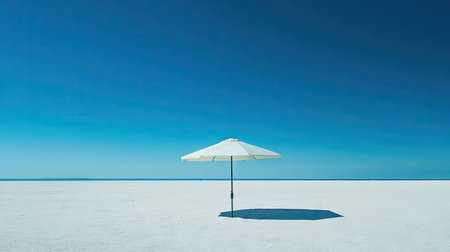 A wide shot of a beach umbrella casting a shadow on the sand, with a perfect blue sky overhead.の素材