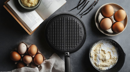 A waffle maker next to a recipe book, fresh eggs, vanilla extract, and mixing bowls filled with batter.の素材