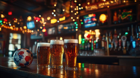 A wide shot of a bar counter with glasses of beer, a soccer ball, and festive lights.の素材