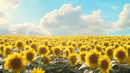 A wide shot of a sunflower field stretching toward the horizon, with a cloudy blue sky creating a calm mood.の素材