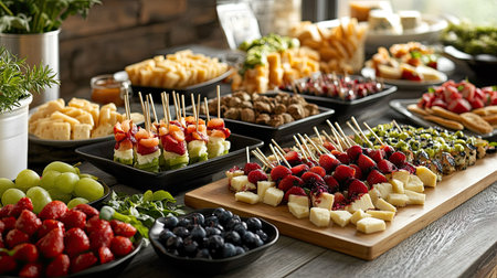 A wide shot of a buffet table with fresh fruit skewers, cheese platters, and other finger foods for a celebration.の素材