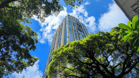 A wide-angle shot of a tall tree with a lush green canopy, framed by a bright blue sky.の素材