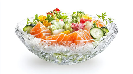 A fresh and tasty poke bowl with salmon, rice, and seaweed salad, served in a take-out bowl isolated on white.の素材
