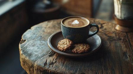 A warm cup of coffee with freshly baked cookies on a rustic wooden table, perfect for a cozy afternoon breakの素材