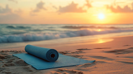 A yoga mat on a sandy beach with ocean waves in the background at golden hourの素材