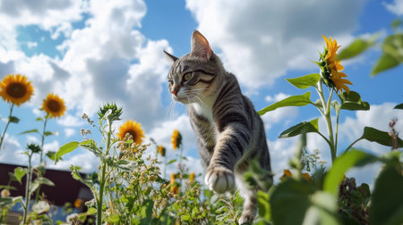 A panoramic view of sunflowers swaying gently in the wind, with a cloudy blue sky above enhancing the rural beauty.の素材