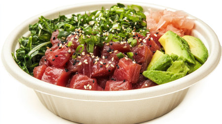 A fresh poke bowl with ahi tuna, avocado, and sesame seeds, neatly arranged in a take-out bowl on a white background.の素材