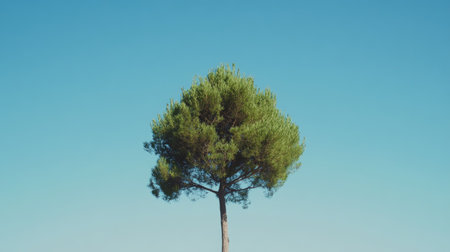 A fresh green tree crown against a crisp, cloudless blue sky, showcasing the beauty of the outdoors.の素材