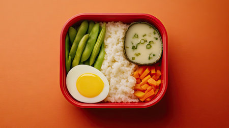 A neatly arranged Japanese bento box filled with rice, miso soup, vegetables, and a hard-boiled egg.の素材