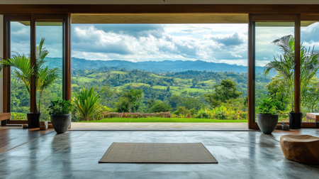 A panoramic view of the countryside through fully opened aluminum sliding terrace doors.の素材
