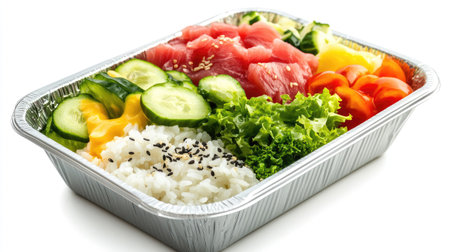 A fresh poke bowl with tuna, rice, and fresh vegetables in a take-out container, isolated on a white background.の素材