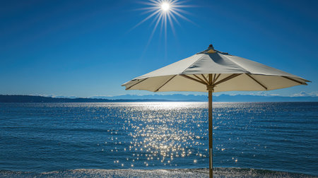 A wide shot of a beach umbrella and the sparkling ocean with a flawless blue sky as the backdrop.の素材