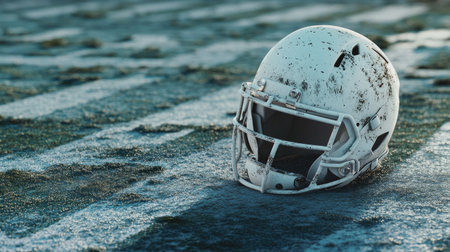 A white football helmet placed at midfield, with a close-up of field paint and worn turf textures.の素材