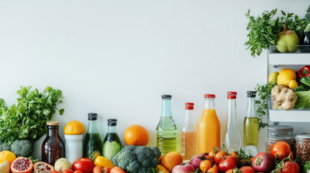 A well-organized open fridge with an array of colorful vegetables, fruits, and refreshing drinks, set against a minimalist white wall background.の素材