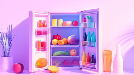 A vibrant open fridge filled with various fruits, vegetables, and drinks, neatly arranged and isolated on a white wall background.の素材