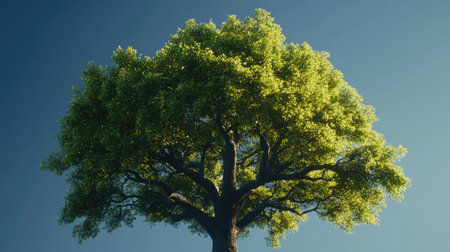 A wide view of a green tree with an abundant crown of leaves, set against a calm blue sky.の素材