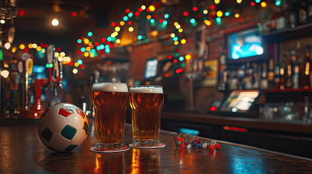 A wide shot of a bar counter with glasses of beer, a soccer ball, and festive lights.の素材