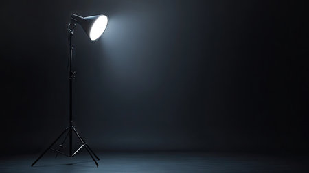 A sleek modern photoshoot setup with a single bright spotlight against a pitch-black backdrop.の素材