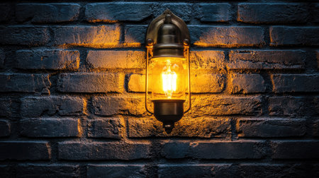 A vintage wall lamp casting a warm golden glow against a dark brick wall.の素材