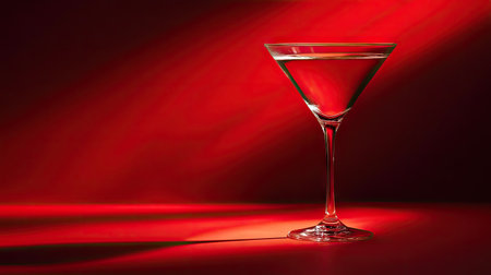 A sleek martini glass filled with a clear cocktail, standing on a bold red background with dramatic lighting.の素材