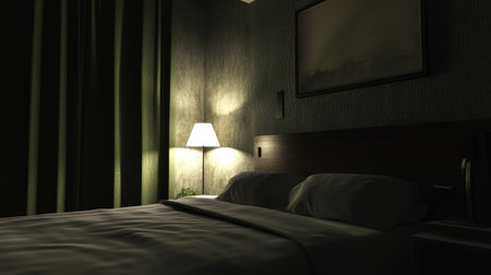 A small, modern reading lamp casting light onto a dark bedroom wall.の素材