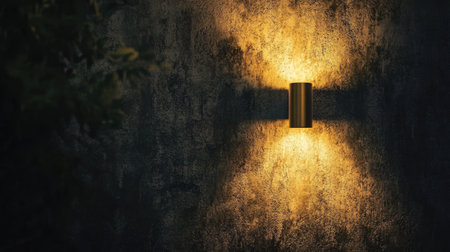 A soft golden wall light illuminating textured concrete in the night.の素材
