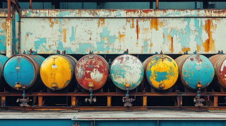 Large horizontal compressed gas tanks lined up in an outdoor industrial site.の素材