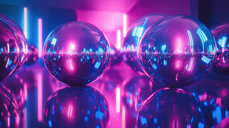 A surreal arrangement of oversized glossy spheres reflecting neon lights.の素材