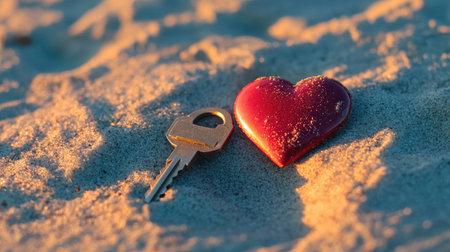 A symbolic heart lock and key duo placed on a sandy beach, representing eternal love.の素材