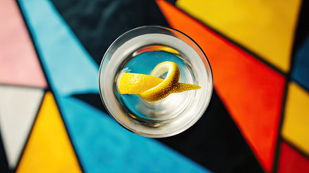 A top-down view of a classic martini with a lemon twist, set against a bold geometric background.の素材